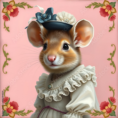portrait of a mouse wearing a Victorian dress and a hat