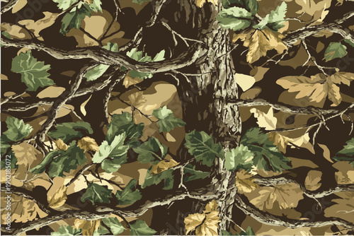 A camouflage pattern with branches and leaves, featuring green and brown tones, with a wooded background, a camouflage design incorporating tree trunks, a camouflage fabric with leaves