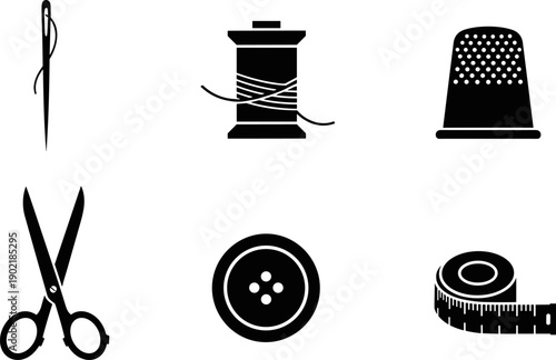 Collection of sewing tools icons including needle, thread, thimble, scissors, button, and tape measure