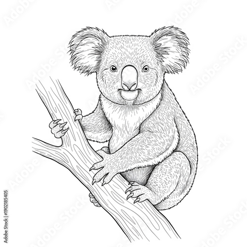 Cute Koala on Eucalyptus Branch Line Art - Detailed Australian Wildlife Vector