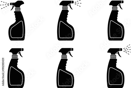 Collection of black spray bottle icons with different spray patterns and without