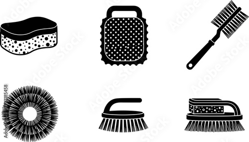 Collection of cleaning brushes and sponges in a simple black and white vector illustration
