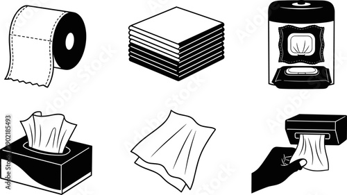 Collection of hygiene and cleaning paper products icons in a simple line art style
