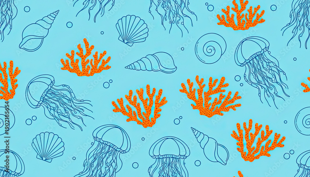 Obraz premium Seamless marine pattern with hand drawn jellyfish, orange corals and seashells on a light blue background, creative underwater vector illustration.