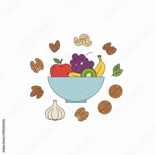 Minimal flat vector illustration of healthy food items including fruit bowl and nuts 