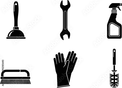 Collection of household cleaning and repair tools icons on a white background
