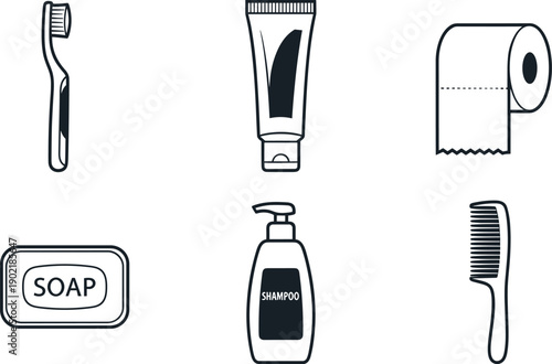 Collection of essential bathroom hygiene and personal care items in a clean line art style