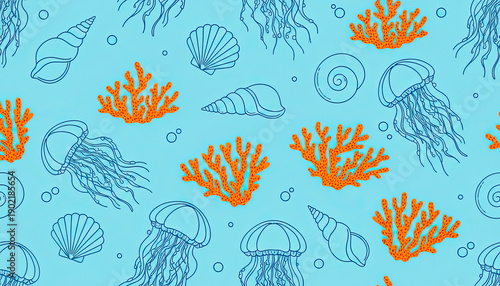Seamless marine pattern with hand drawn jellyfish, orange corals and seashells on a light blue background, creative underwater vector illustration.