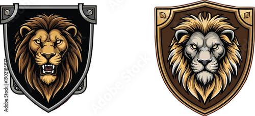 Dual lion shield crest logos featuring heraldic medieval style symbols of strength power authority gaming esports branding identity
