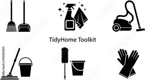 Collection of cleaning tools and supplies for a tidy home environment
