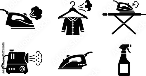Collection of black and white icons representing laundry and ironing equipment