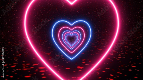 Glowing love heart neon tunnel animation featuring luminous heart shapes forming a romantic futuristic tunnel