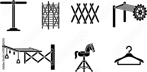 Collection of black and white icons representing various household and industrial items