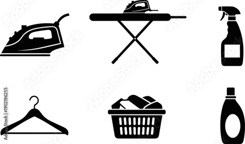 Collection of laundry and cleaning icons including iron, ironing board, and detergent