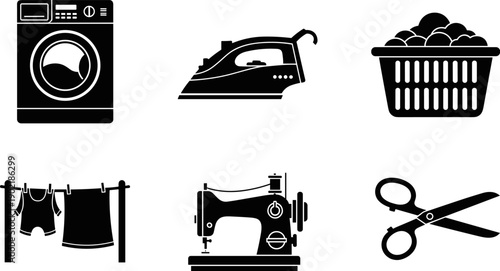 Collection of household chores icons: laundry, ironing, sewing, and drying clothes