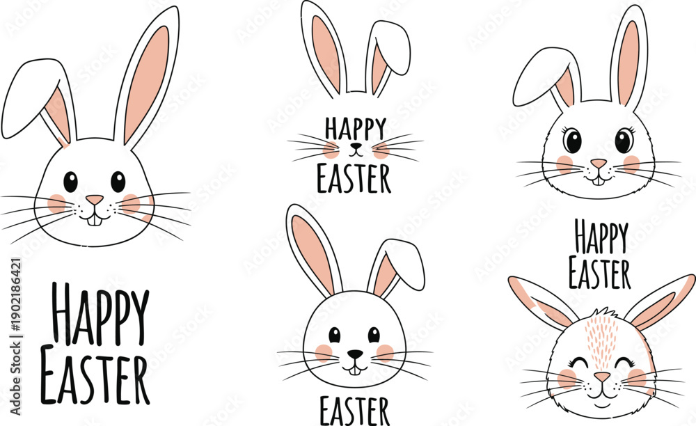 Fototapeta premium Adorable collection of hand drawn cute bunny faces and happy easter typography illustrations perfect for spring holiday celebration designs