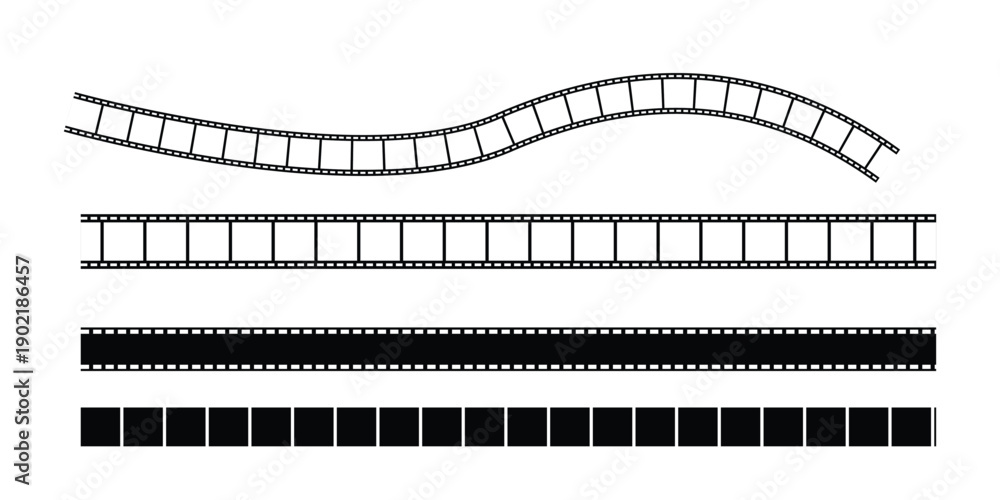 Fototapeta premium Set of film reel in black and white. Straight and wavy cinema strip. Isolated retro photo tape. Vintage template of digital video film. Cinema filmstrip set. Video banner. 