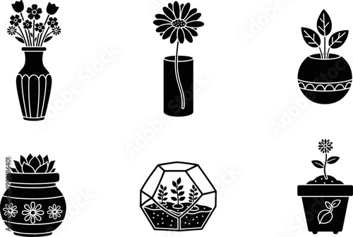 Collection of six black silhouette icons representing various potted plants and flowers