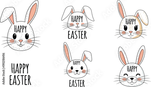 Collection of adorable hand drawn happy easter bunny faces featuring charming little rabbits ready for spring celebrations and holiday designs