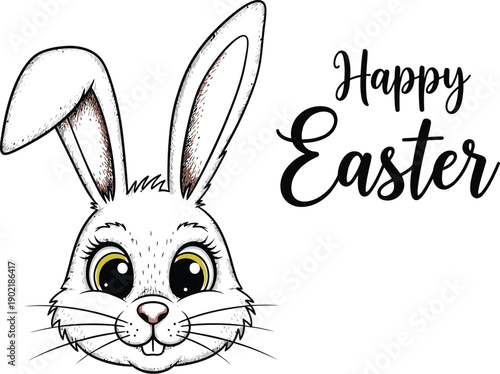 Adorable cartoon white bunny face illustration wishing everyone a very happy easter holiday season with cheerful bright eyes and big ears