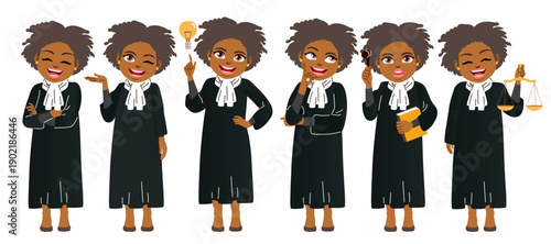Cartoon vector illustration of a beautiful young adult African woman shown in multiple poses and facial expressions. Ideal for character design, marketing, education, storytelling and social content