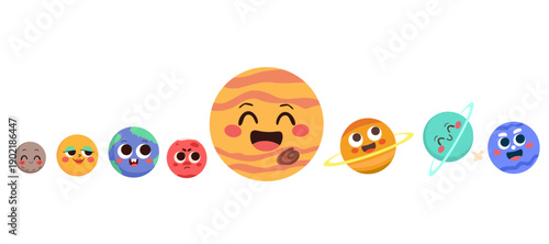 Set of cute planets of Solar System with anthropomorphic face isolated on white background on their distance order. Clip art for education and children