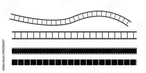 Set of film reel in black and white. Straight and wavy cinema strip. Isolated retro photo tape. Vintage template of digital video film. Cinema filmstrip set. Video banner.
