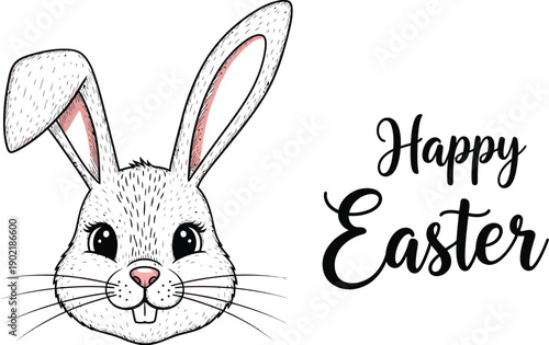Adorable hand drawn white bunny head illustration peeking out beside elegant black calligraphy wishing happy easter greetings to everyone