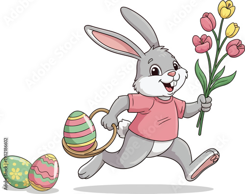 Cheerful cartoon easter bunny rabbit wearing a pink shirt runs happily while carrying a basket of decorated eggs and holding colorful spring tulips