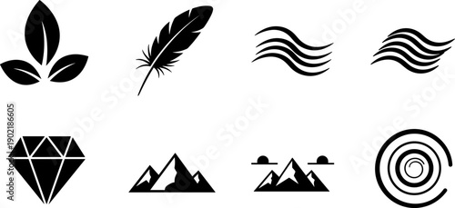Collection of nature and abstract icons including leaves, feather, waves, diamond, mountains, and spiral