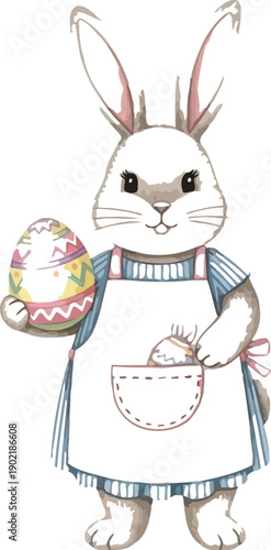 Charming watercolor illustration of an adorable bunny rabbit wearing a striped dress and white apron proudly holding a colorful decorated Easter egg.