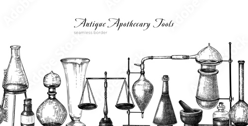 Vintage apothecary background. Ancient laboratory glassware hand drawn vector illustration. Alchemy banner. Medicinal tools sketches. NOT AI generated.