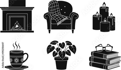 Cozy home elements: fireplace, armchair, candles, plant, book stack, and hot drink