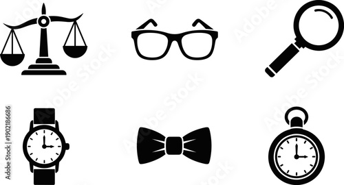 Collection of classic gentleman's accessories and symbols of justice and investigation