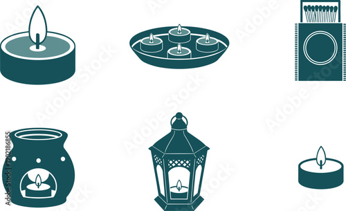 Collection of various candle and lighting icons in a flat design style