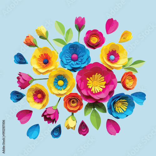 Vibrant Paper Crafted Flowers on Blue Background