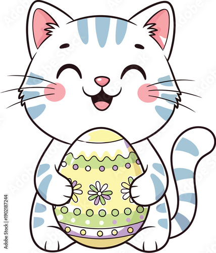 Adorable cartoon light purple striped kitten happily hugging a brightly decorated yellow and green Easter egg illustration against white