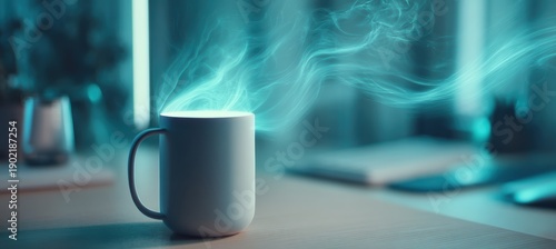 Ceramic mug on desk with steam forming a floating heartbeat line