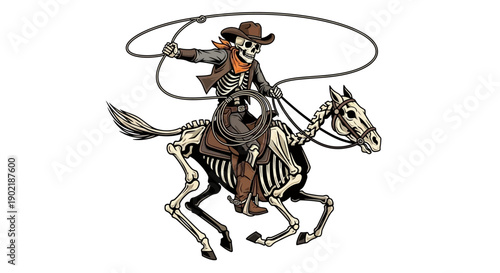 A skeletal cowboy on a skeletal horse, mid-gallop, twirling a lasso above his head.