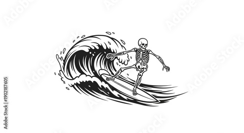 A skeleton surfs a large wave on a surfboard, depicted in a black and white illustration.