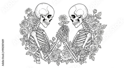 Two Skeletons Holding a Rose Surrounded by a Bed of Roses.