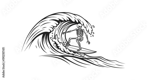 A skeleton surfer rides a large wave, depicted in a black and white illustration style.