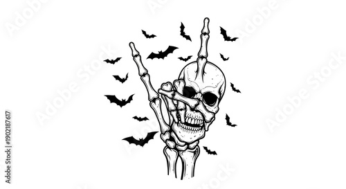A spooky skeleton hand making the rock-on gesture surrounded by flying bats.