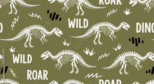 A seamless pattern featuring white dinosaur skeletons on a khaki green background with the words "WILD" and "ROAR" scattered throughout.