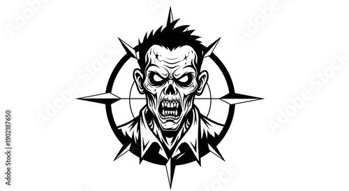 A black and white illustration of a zombie's head with sharp teeth and glowing eyes, set against a compass-like background.