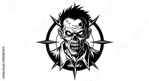 A menacing zombie with glowing eyes and tattered clothes, depicted in a black and white illustration with a target symbol behind it.