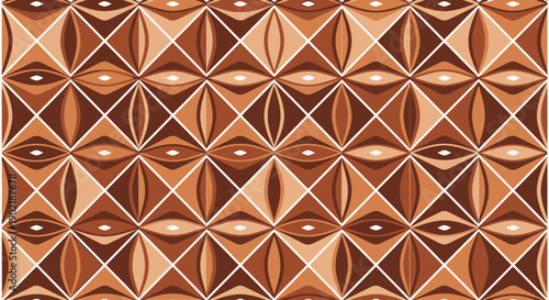 A repeating geometric pattern featuring diamond shapes and eye-like motifs in various shades of brown and white.