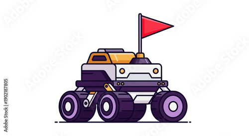 Cartoon illustration of a futuristic space rover with a red flag.
