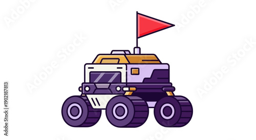 A cartoon illustration of a futuristic six-wheeled space rover with a red flag on top, designed for exploration.
