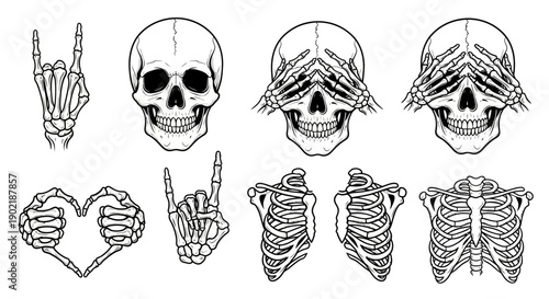Set of black and white line art illustrations featuring human skeletal elements including skulls, hands making gestures, and rib cages.